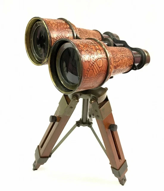 Nautical 6" Telescope Binocular Antique Table Top Brass with Wooden Tripod Stand