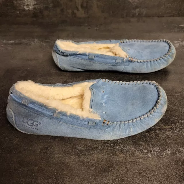 UGG Ansley Moccasin Slippers Blue Fur Lined Slip On Loafers Shoes Womens Size 6