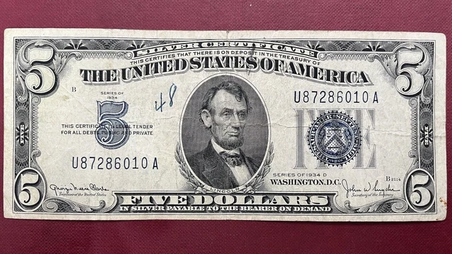1934 D Five Dollar Silver Certificate $5 Bill Blue Seal Note Circulated #59020