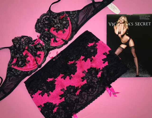 Victoria's Secret UNLINED 32B BRA SET+garter+thong Black metallic