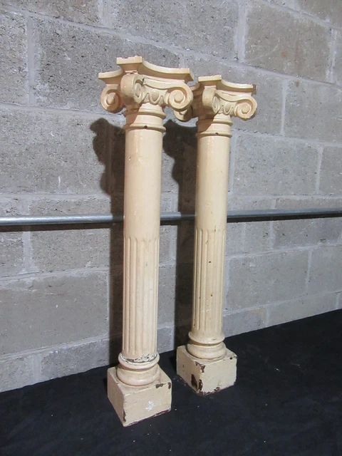 ~ Pair Antique Cherry Wood Columns With Ornate Capitals ~ 30" ~ Salvage 3