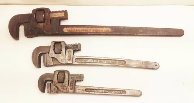 Vtg Trimo trimont adjustable pipe wrench tool lot set 24" 18" 14" cast iron usa