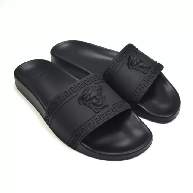 NWT $375 Versace Black Palazzo Medusa Logo Slides Sandals Men's 44 11 AUTHENTIC