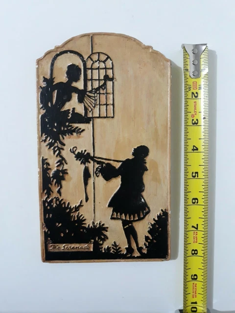 Vintage Painted Silhouette Plaster Of Paris Tile "The Serenade"  1930' 8.5" x 5" 3