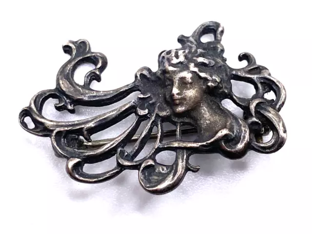 Vtg. Sterling Silver brooch, beautiful Art Nouveau Woman Signed