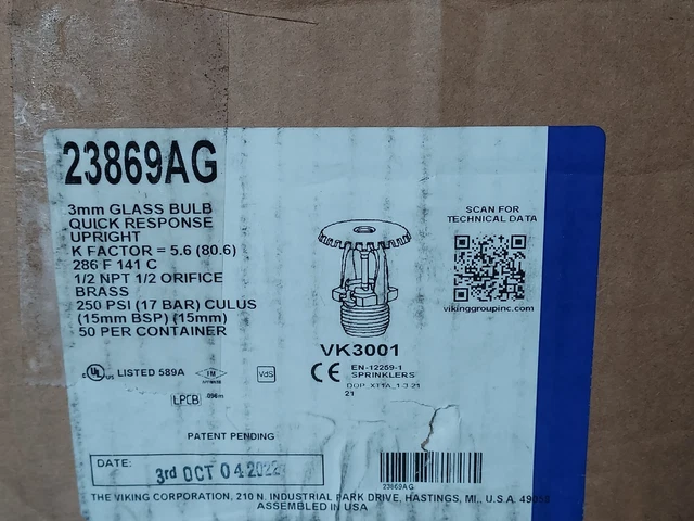 Viking Vk3001 Upright Quick Response Sprinkler Heads 286F K5.6 [Case Of 50] New