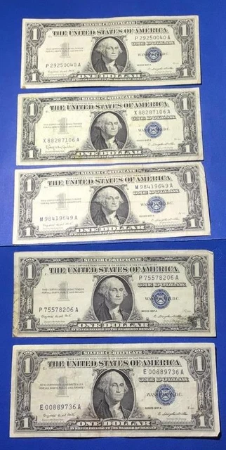 1957-1957B $1 Blue SILVER Certificates! X0040 Set of 5! Lower Grade! Currency!