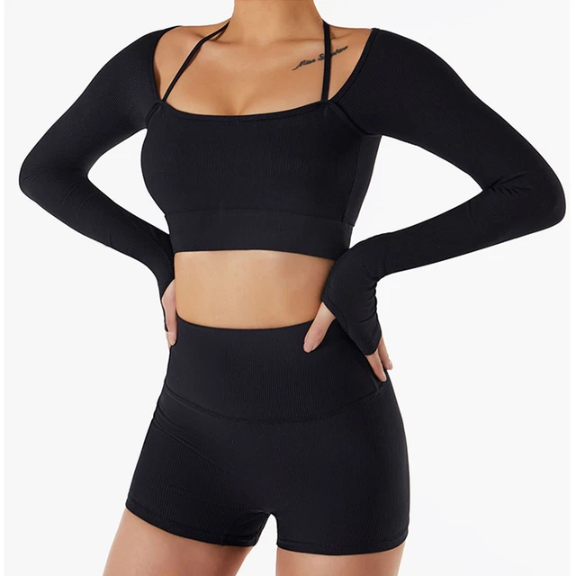 (Nero XL) Top Yoga Donna Fitness Gilet Collo Manica Lunga Pollice SG5