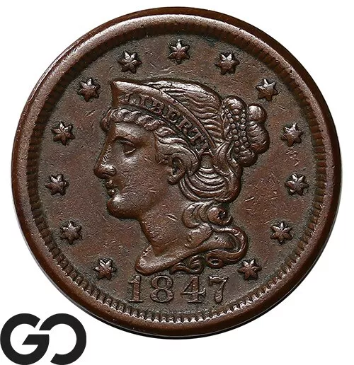 1847 Large Cent, Braided Hair, Choice AU Early Date Copper