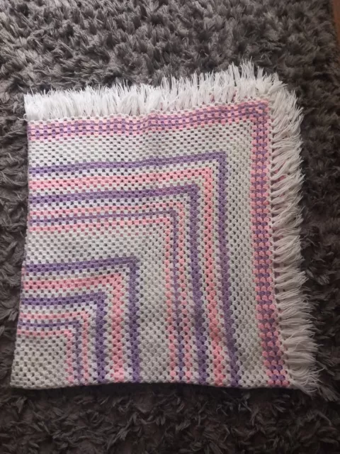 Purple*Pink*White Hand-Knitted Crochet Square Blanket VGC 174cm x 174cm
