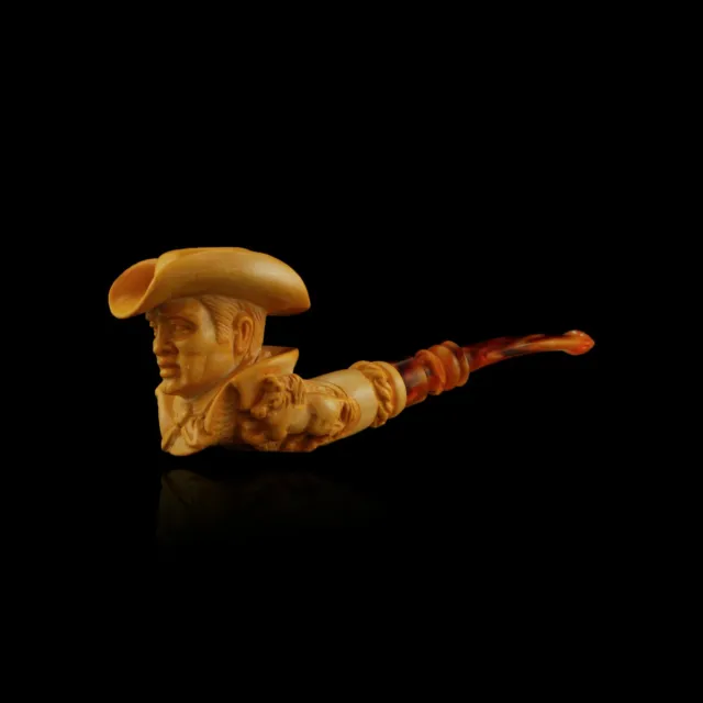 Cowboy and Horse Block Meerschaum Pipe hand carved tobacco pfeife + with case