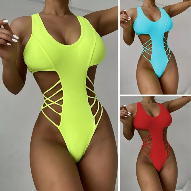 Womens Sexy One Piece Swimsuit Bandage Bathing Suits High Cut Monokini Swimwear 2