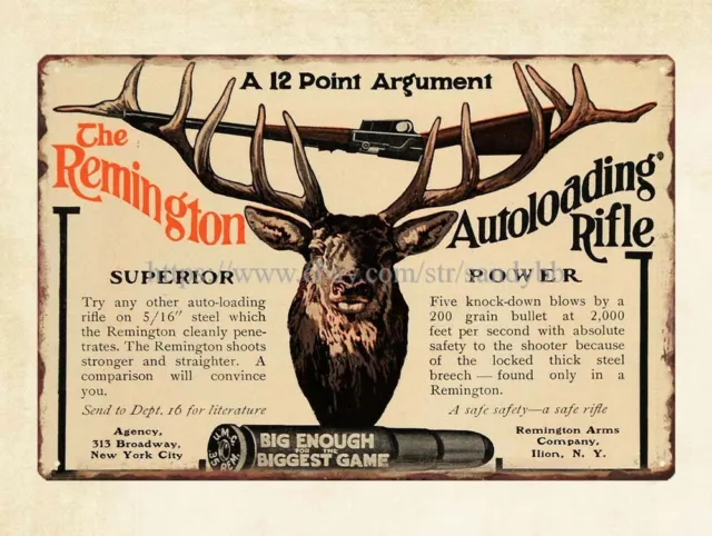 retro tins 1907 Ad Remington Arms Autoloading Rifle Deer Hunting metal tin sign