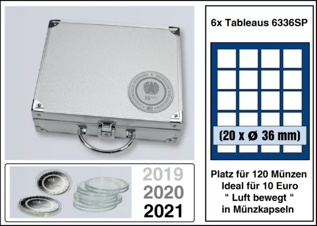 Münzkoffer 10 Euro Luft bewegt ALU LOOK + 6x Tableaus Für 120 Münzen in Kapseln