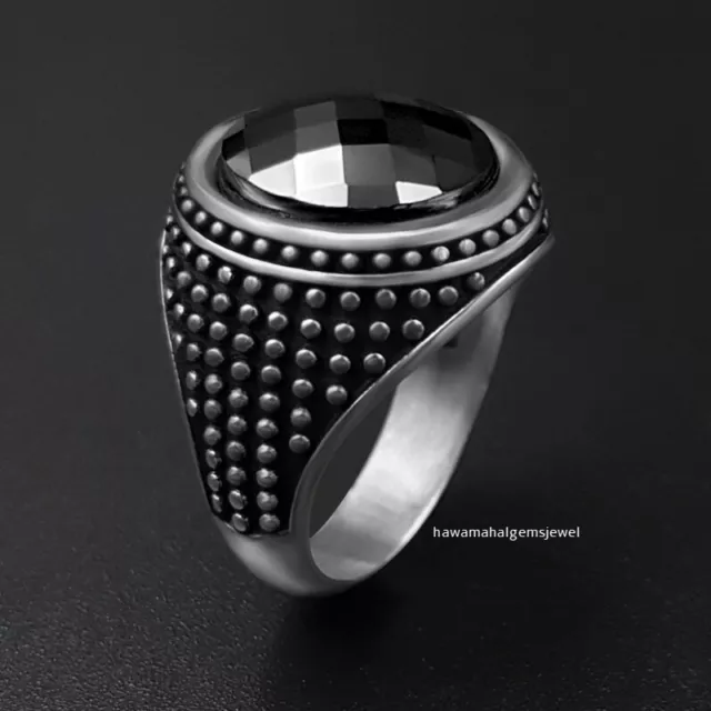 Neuf 925 Argent Sterling Handmade Onyx Noir Forme Ronde Homme Bague Bijoux