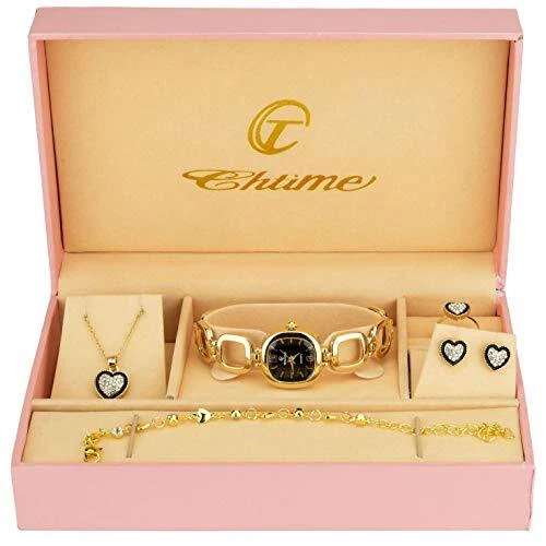 Coffret Cadeau Montre Femme Noir - Parure de Bijoux- Collier-Bague- Boucles d...