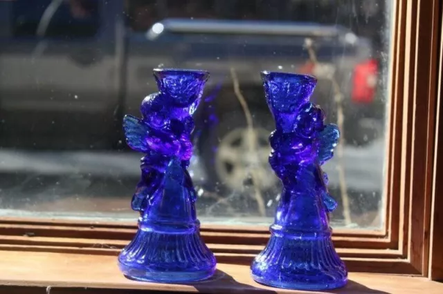 Candlesticks cherub angel pair cobalt blue pressed glass vintage 