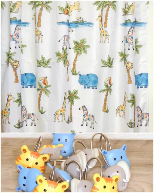 Fabric SHOWER CURTAIN w 12 HOOKS Safari Jungle Animals, Hippo Zebra Giraffe, 72"
