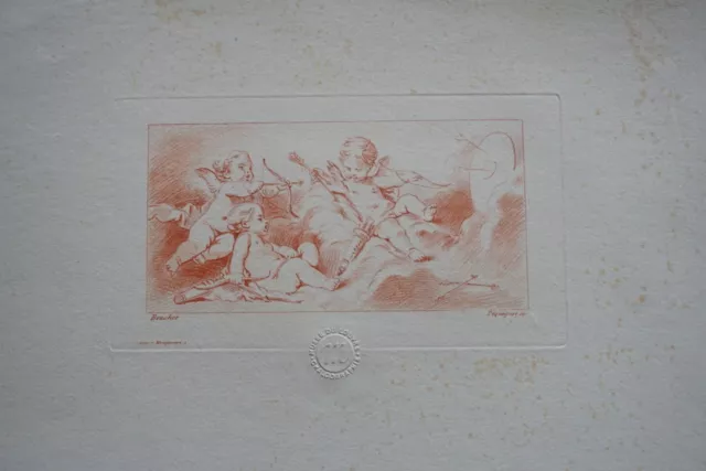 François BOUCHER (1703-1770) GRAVURE SEPIA XVIII°  ANGE MYTHOLOGIE AMOUR