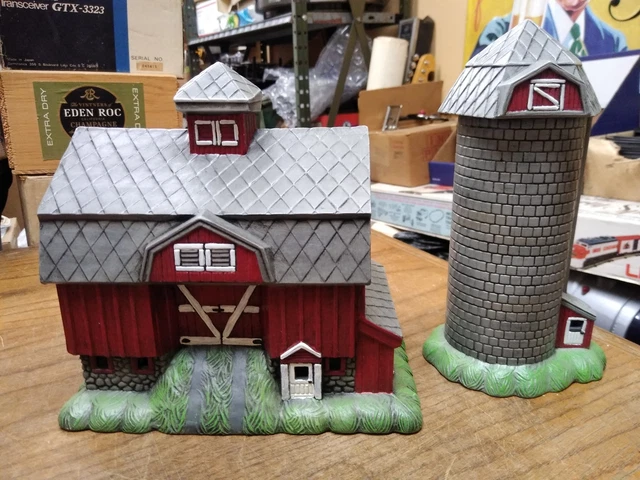 Vtg Ceramic Pottery Christmas Village Hand Painted Red Barn and Silo Figurines