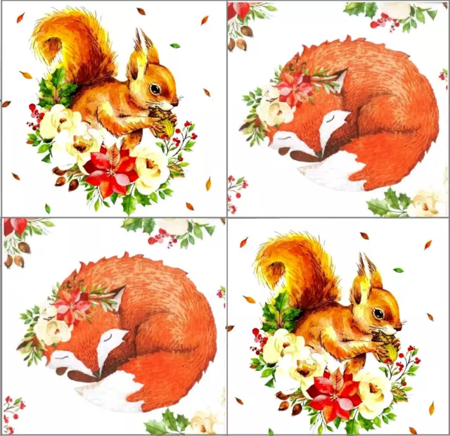 4 servilletas de papel de mesa vintage diferentes para decoupage fiesta almuerzo ardilla zorro