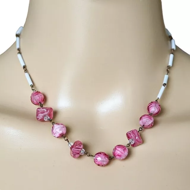 Vintage Antique Art Deco Czech Molded Pink & Milk Glass Givre Beaded Necklace