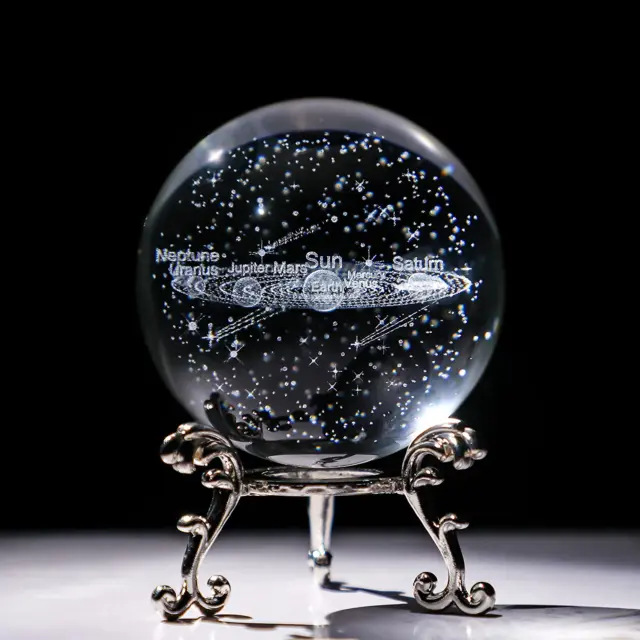 3D Crystal Ball with Solar System Model with Stand 60mm Glass Decorative Sphere