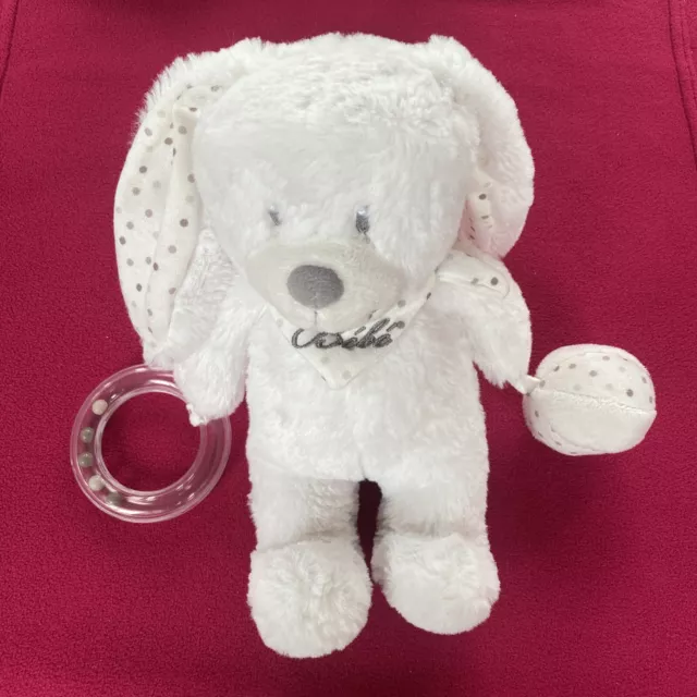 🇫🇷 Doudou Peluche Lapin Blanc Pois Gris Activité Anneau Balle Pommette Neuf