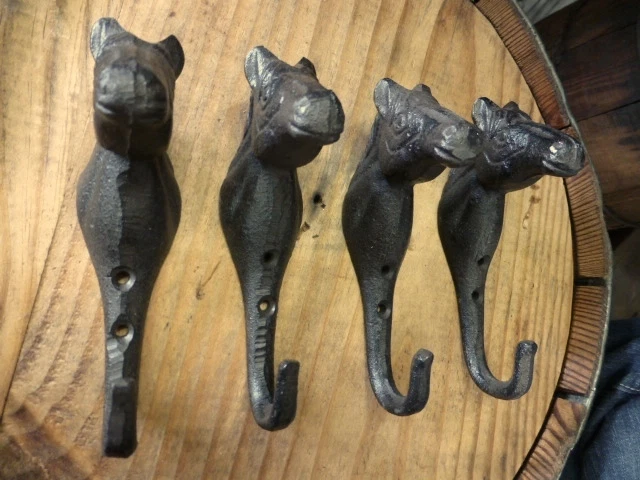 2 SMALL BROWN HORSE HOOKS HANGERS RUSTIC 5.25" CAST IRON wall coat western barn