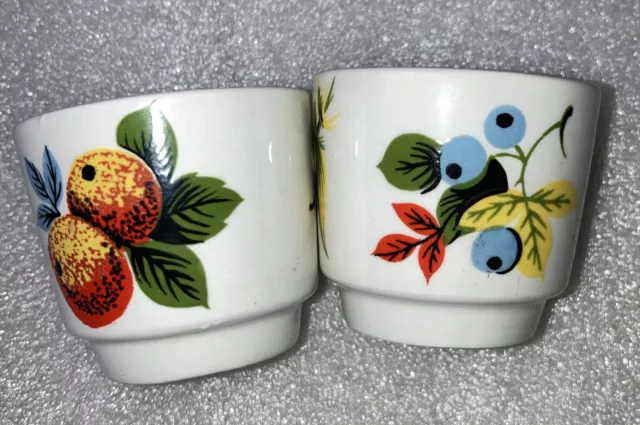 2 Vintage Egg Cups 4cm  Blueberry Onion Orange Sweetcorn Pattern Preowned Decor