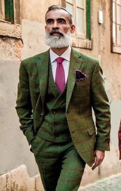 Men's Olive Green 3 Piece Stripe Wool Blend Vintage Tweed Tuxedo Dinner Suit
