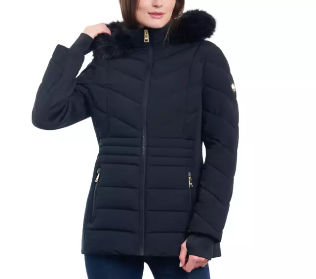 Michael Michael Kors Womens Black Chevron Faux Fur Hooded Coat