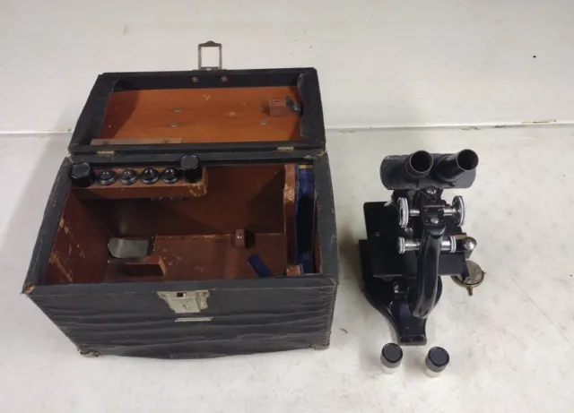 Antique Spencer Buffalo USA Cast Iron Microscope Set In A.S. Aloe Cabinet Untest