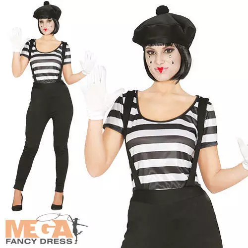 Mime Ladies Fancy Dress French Circus Clown Act Womens Adults Costume Outfit