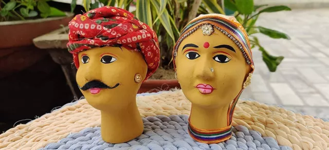 Terrakotta Marionette Paar Gesicht Kathputli Set Rajasthan Prunkstück Handmade