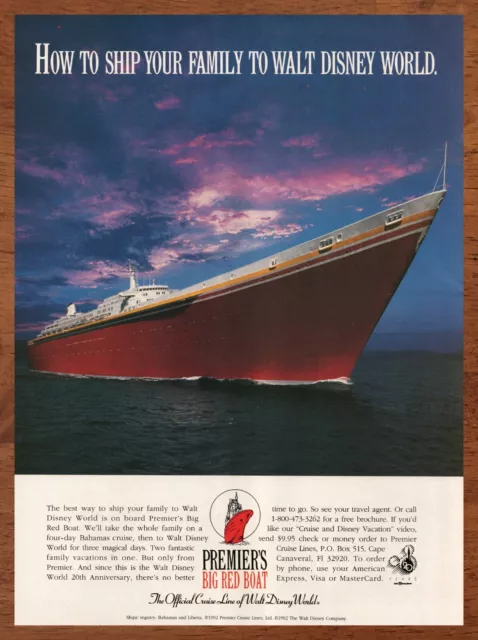 1992 Premier Big Red Boat Print Ad/Poster Disney World Bahamas Cruise Ship Art