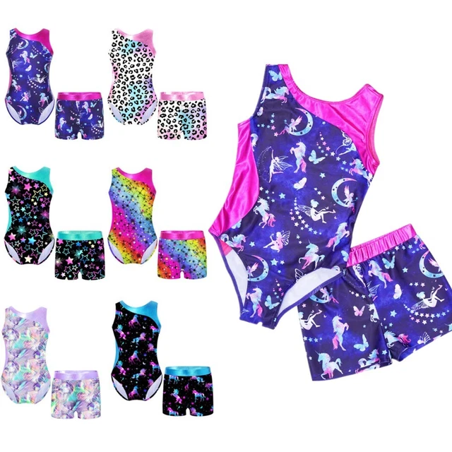 Kids Girls 2Pcs Printed Leotard with Shorts Sports Dance Gymnastics Outfits