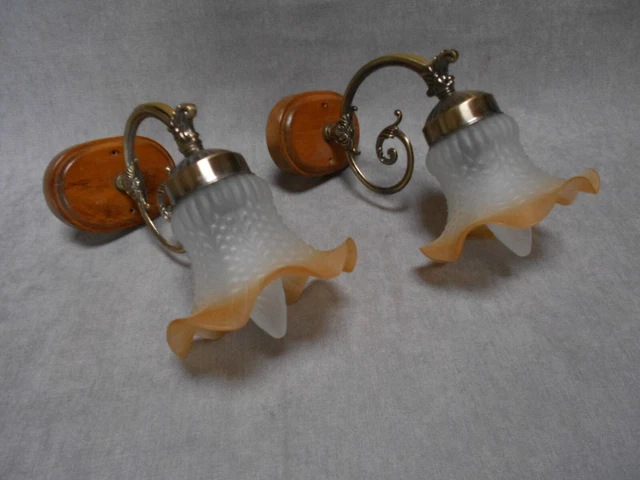 PAIR FRENCH  brass  WALL Light SCONCES W/yellow orange shades
