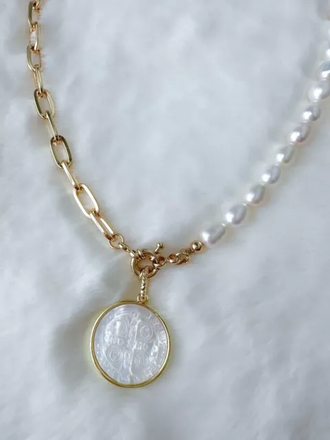 Beaded St Benedict necklace mother of pearl Saint Benedict medal catholic gifts