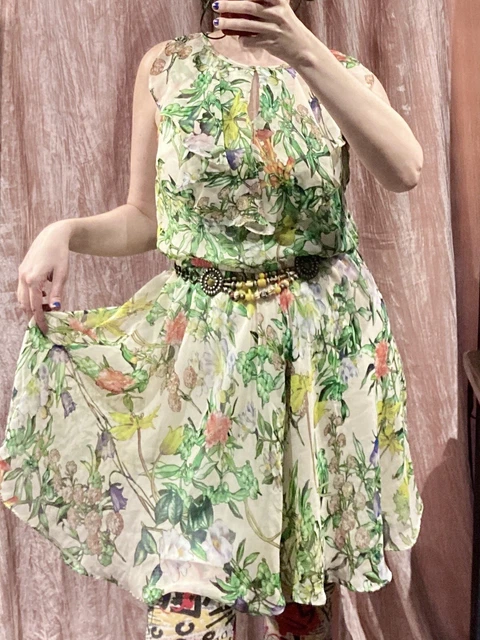 VTG 80S 90S Betsey Johnson sheer tropical floral ruffle keyhole dress green  S M $59.99 - PicClick