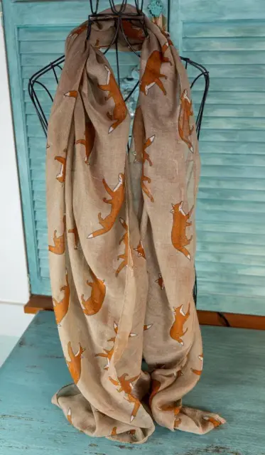 Ladies Woodland Tan Rust Fox Print Viscose Scarf Shawl Wrap 30"x70" New With Tag