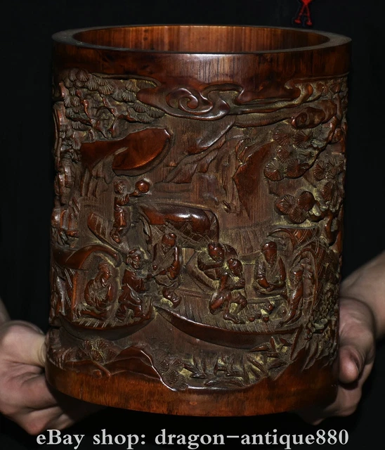 9” Old Chinese Bamboo Carving Dynasty Palace Old People Landscape Brush Pot