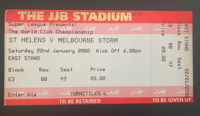 Rugby League Ticket Stub St Helens V Melbourne S. World Club Championship 2000