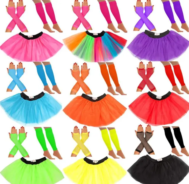 80s NEON FANCY DRESS TUTU SKIRTS NEON LEG WARMERS FISHNET GLOVES HEN PARTY SETS