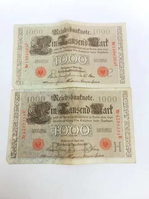 2x 1000 Mark 1910 Reichsbanknote number and stamp red, slightly used