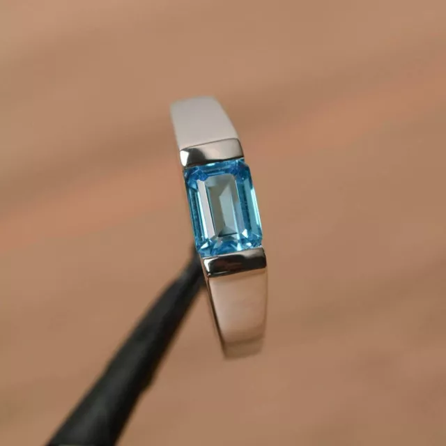 Smaragd Blau Aquamarine Diamant Solitär Unisex Verlobungsring Weißgold-Finish 2