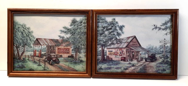1993 Scafa Tornabene Coca Cola Mikes Garage Art Prints Set of Two Pre-owned