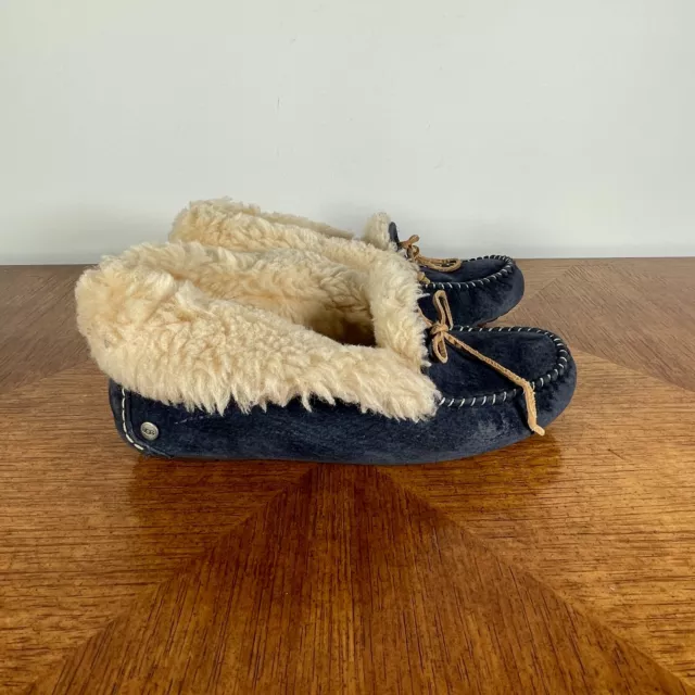 Ugg Womens Alena Navy Blue Suede Slippers Sheepskin Comfort Shoes 1004806 Sz 7 2