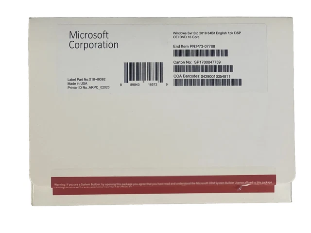MICROSOFT WINDOWS SERVER 2019 Standard 64bit 16 Core Dvd -key New in ...