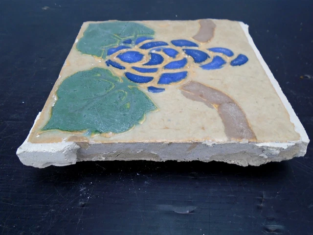 VERY RARE - Grueby Tile - (4 COLOR) w/BLUE GRAPES - 6x6 - with MAKERS MARK 6